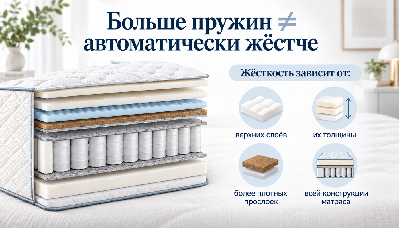 Жесткость матраса зависит от всей конструкции, а не только от количества пружин