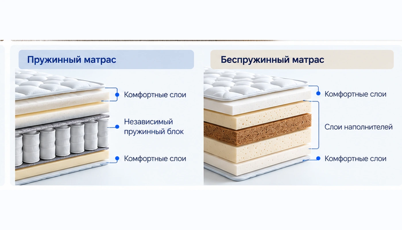 Сравнение конструкции пружинного и беспружинного матраса