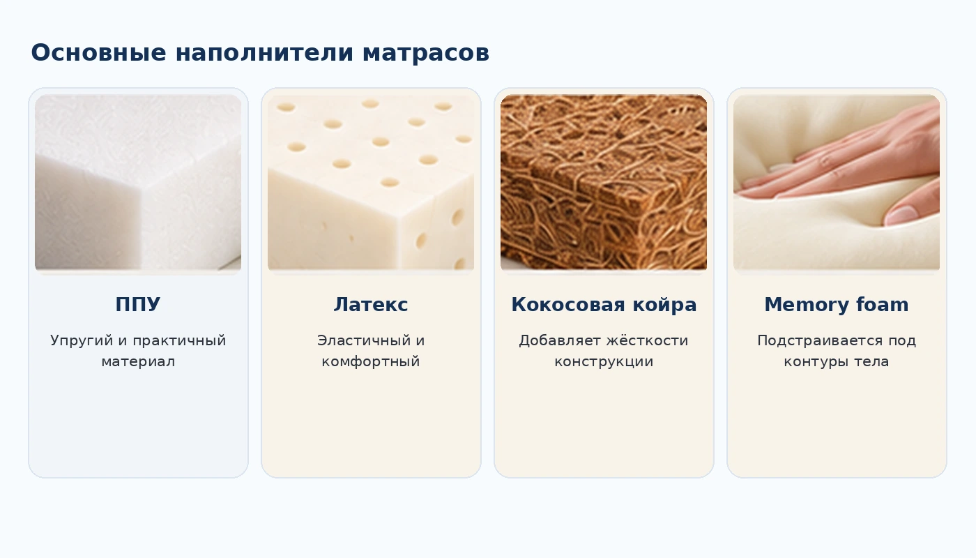 Основные наполнители матрасов: ППУ, латекс, кокосовая койра и memory foam